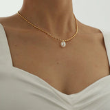 Boho Women Stainless Steel Beads Choker Necklace Freshwater Pearl