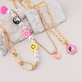 Boho Yin Yang Smiley Beaded Necklace Pink Heart Pendant Asymmetry Pearl Choker