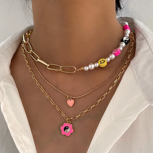 Boho Yin Yang Smiley Beaded Necklace Pink Heart Pendant Asymmetry Pearl Choker