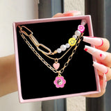 Boho Yin Yang Smiley Beaded Necklace Pink Heart Pendant Asymmetry Pearl Choker