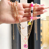 Boho Yin Yang Smiley Beaded Necklace Pink Heart Pendant Asymmetry Pearl Choker