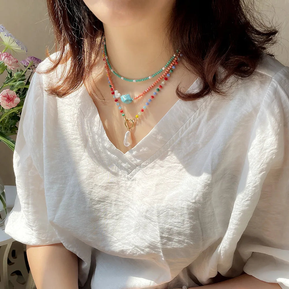 Boho Beaded Turquoise Choker Necklace OT Buckle