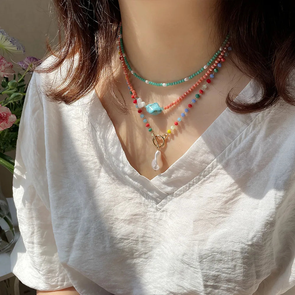 Boho Beaded Turquoise Choker Necklace OT Buckle