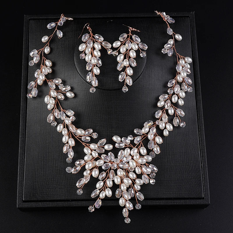 Boho Wedding Bride Crystals Pearls Jewelry Set