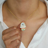 BohoTurkish Hamsa Hand Evil Eye Tassel Necklace Rainbow CZ Choker Pendant