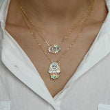 BohoTurkish Hamsa Hand Evil Eye Tassel Necklace Rainbow CZ Choker Pendant