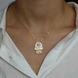 BohoTurkish Hamsa Hand Evil Eye Tassel Necklace Rainbow CZ Choker Pendant