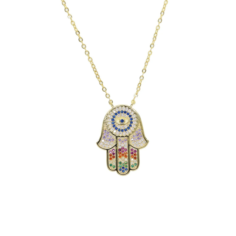 BohoTurkish Hamsa Hand Evil Eye Tassel Necklace Rainbow CZ Choker Pendant