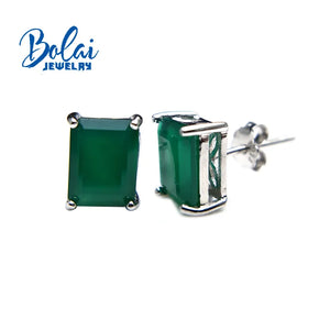 Emerald Cut Agate Stud Earrings 925 Silver for Women