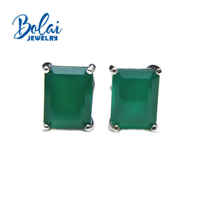 Emerald Cut Agate Stud Earrings 925 Silver for Women