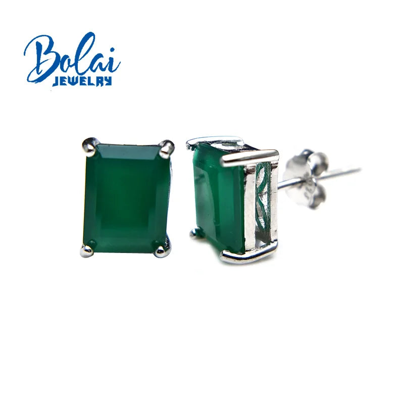 Emerald Cut Agate Stud Earrings 925 Silver for Women