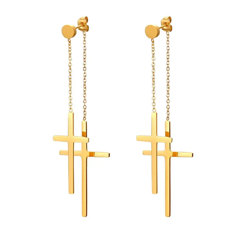 Boniskiss Tassel Double Cross Drop Earrings - Silver Stainless Steel