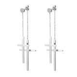 Boniskiss Tassel Double Cross Drop Earrings - Silver Stainless Steel