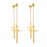 Boniskiss Tassel Double Cross Drop Earrings - Silver Stainless Steel