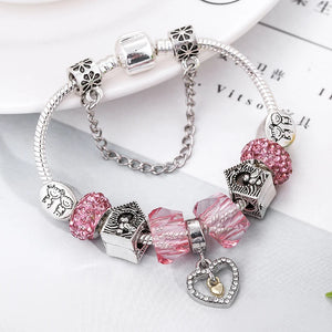 DIY Pink Crystal Heart Beads Charm Bracelet for Women