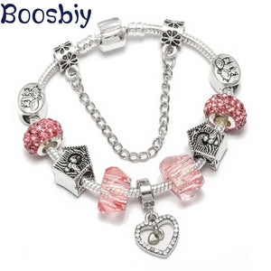 DIY Pink Crystal Heart Beads Charm Bracelet for Women