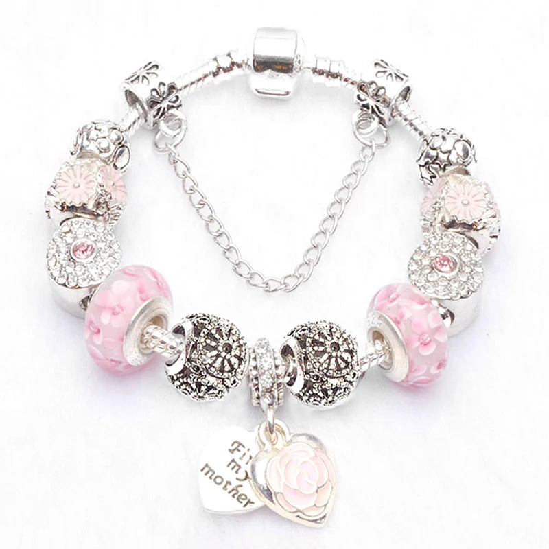 European Crystal Charm Bracelet for Kids Women Silver Plated Snake Chain