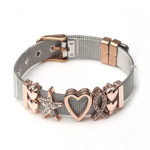 Stainless Steel Mesh Bracelet with Crystal Heart & Lock Charms