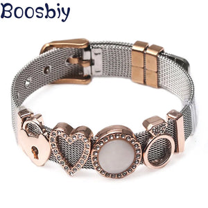Stainless Steel Mesh Bracelet with Crystal Heart & Lock Charms