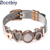 Stainless Steel Mesh Bracelet with Crystal Heart & Lock Charms