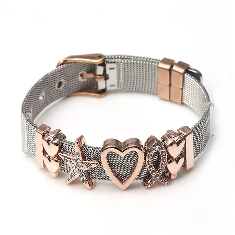 Stainless Steel Mesh Bracelet with Crystal Heart & Lock Charms