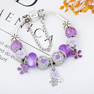Silver Plated Charm Bracelet DIY Crystal Purple Flower Beads