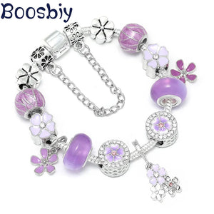 Silver Plated Charm Bracelet DIY Crystal Purple Flower Beads