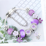 Silver Plated Charm Bracelet DIY Crystal Purple Flower Beads