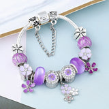 Silver Plated Charm Bracelet DIY Crystal Purple Flower Beads