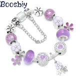 Silver Plated Charm Bracelet DIY Crystal Purple Flower Beads