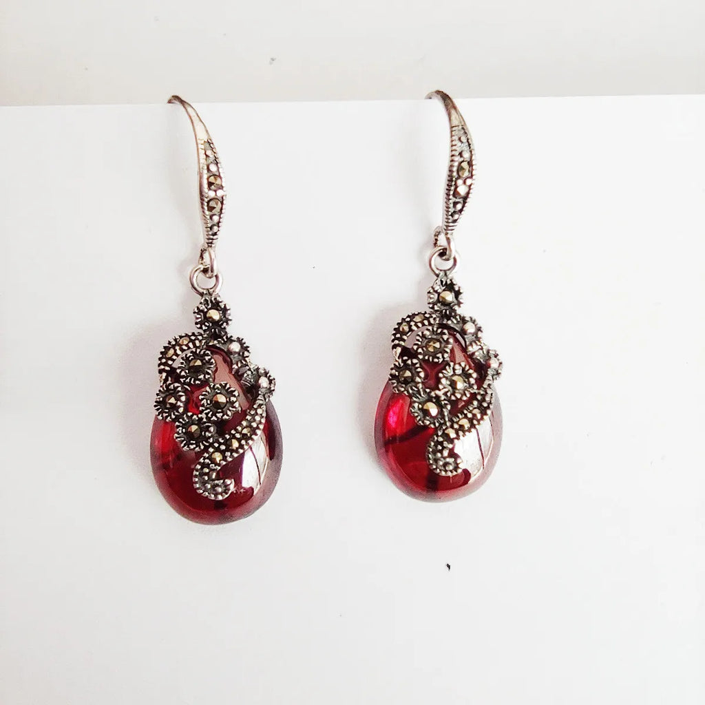 925 Sterling Silver Gem Garnet Vintage Earrings for Women