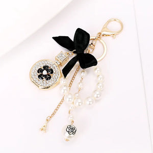 Bow-Knot Pearl Perfume Crystal Bottle Keychain Car Key Ring Bag Charm