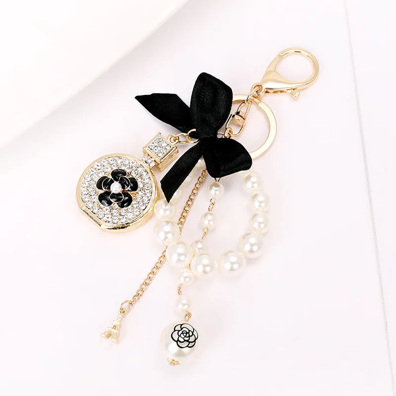 Bow-Knot Pearl Perfume Crystal Bottle Keychain Car Key Ring Bag Charm