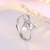 Adjustable Light Silver 925 Sterling Bow Knot Pearl Ring for Women