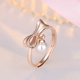 Adjustable Light Silver 925 Sterling Bow Knot Pearl Ring for Women