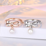 Adjustable Light Silver 925 Sterling Bow Knot Pearl Ring for Women