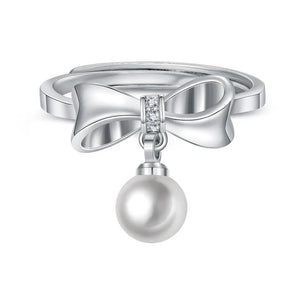 Adjustable Light Silver 925 Sterling Bow Knot Pearl Ring for Women