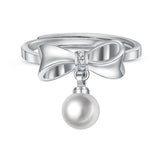 Adjustable Light Silver 925 Sterling Bow Knot Pearl Ring for Women