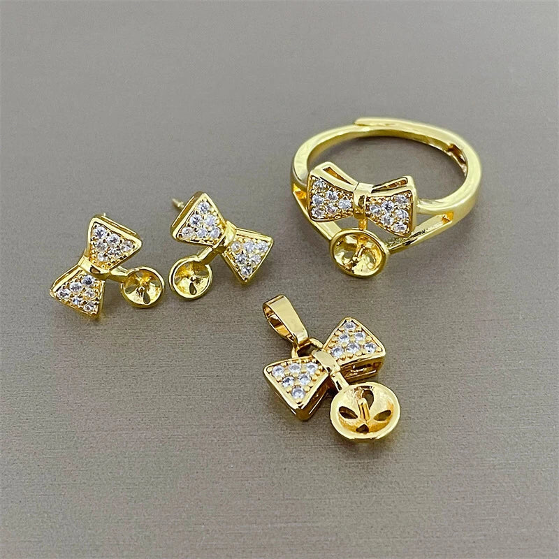 Bow Knot Pendant Earrings Ring Set for Pearls Agate