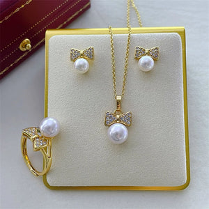 Bow Knot Pendant Earrings Ring Set for Pearls Agate