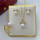 Bow Knot Pendant Earrings Ring Set for Pearls Agate