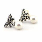 Pearl Dangle Stud Earrings with CZ - Sterling Silver Jewelry for Women