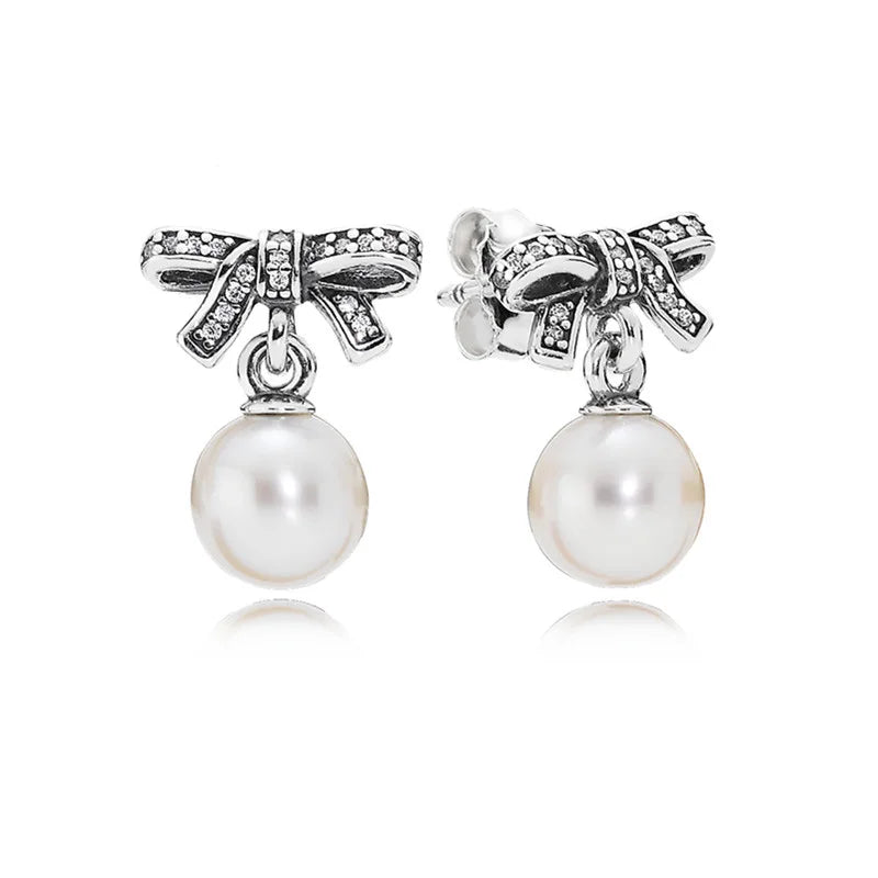 Pearl Dangle Stud Earrings with CZ - Sterling Silver Jewelry for Women