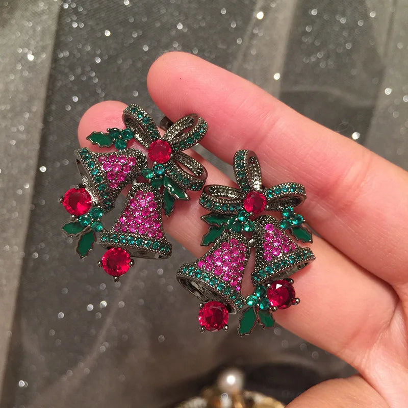 Bowknot Bell Earrings Sweet Green Leaf Hollow S925 Silver Needle