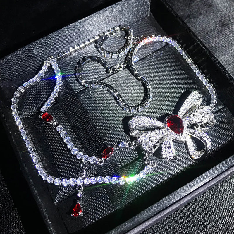 Bowknot Lab Diamond Choker Necklace 925 Silver Pendant for Women