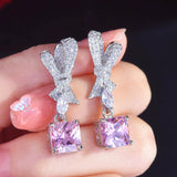 Bowknot Pink Diamond Dangle Earring 925 Silver Wedding Drop Earrings