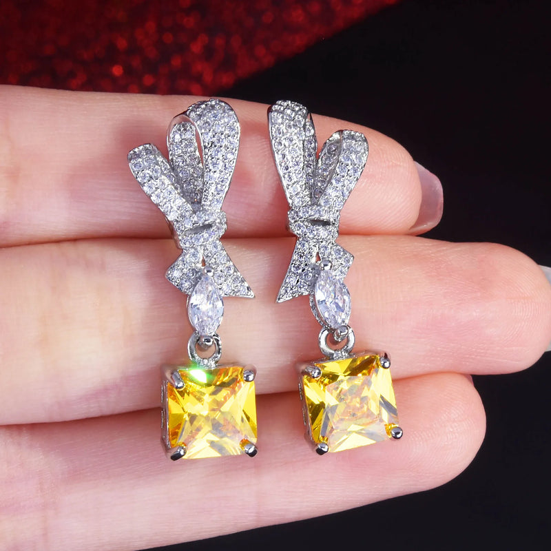Bowknot Pink Diamond Dangle Earring 925 Silver Wedding Drop Earrings