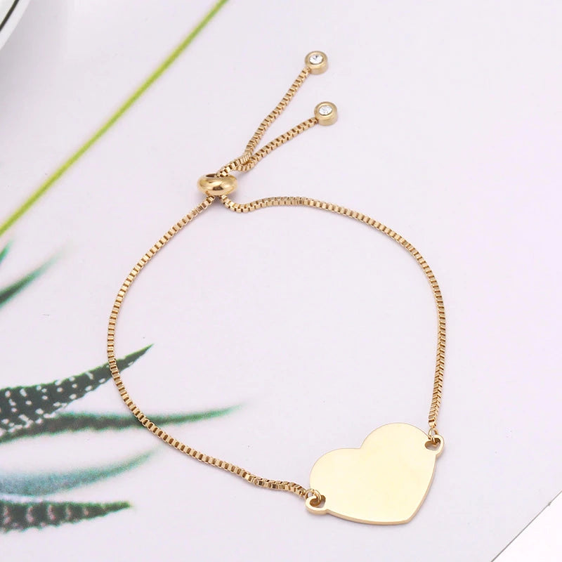Personalized Box Chain Bracelet with Heart, Stainless Steel Engraved