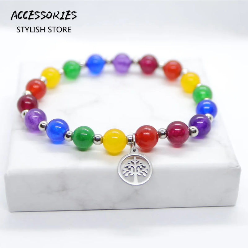 7 Chakra Stone Bracelet with Tree Pendant for Men Women