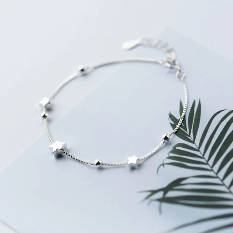 925 Silver Single Box Chain Matte Stars Bracelet
